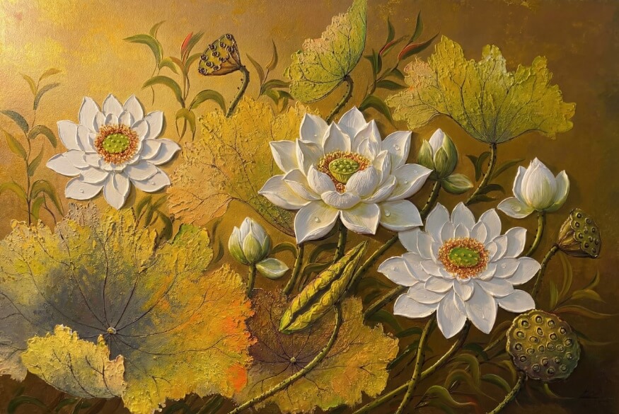 Premium gold lotus oil painting