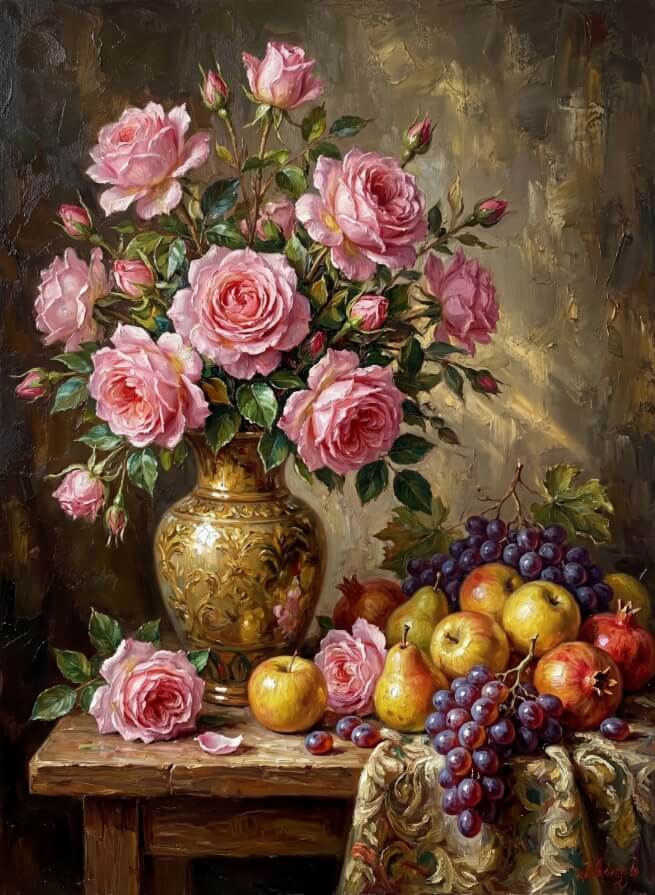 静物画ファイル：バラと果物の花瓶、油絵 FA10 - 高画質ファイルを