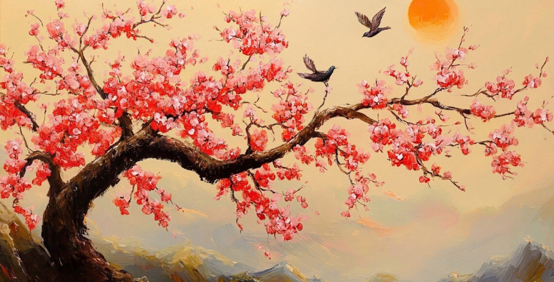 桃の花の古木と二羽の鳥のファイル FA65 | File Ảnh